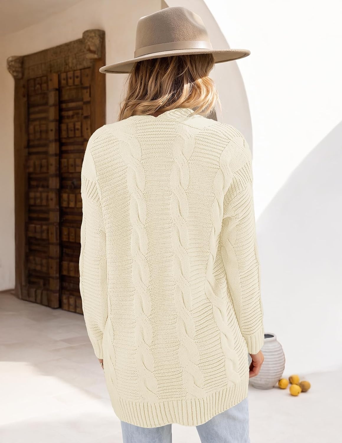 image:imageMEROKEETY Womens Cable Knit Open Front Cardigan Sweaters Fall OuterwearBeige Yellow
