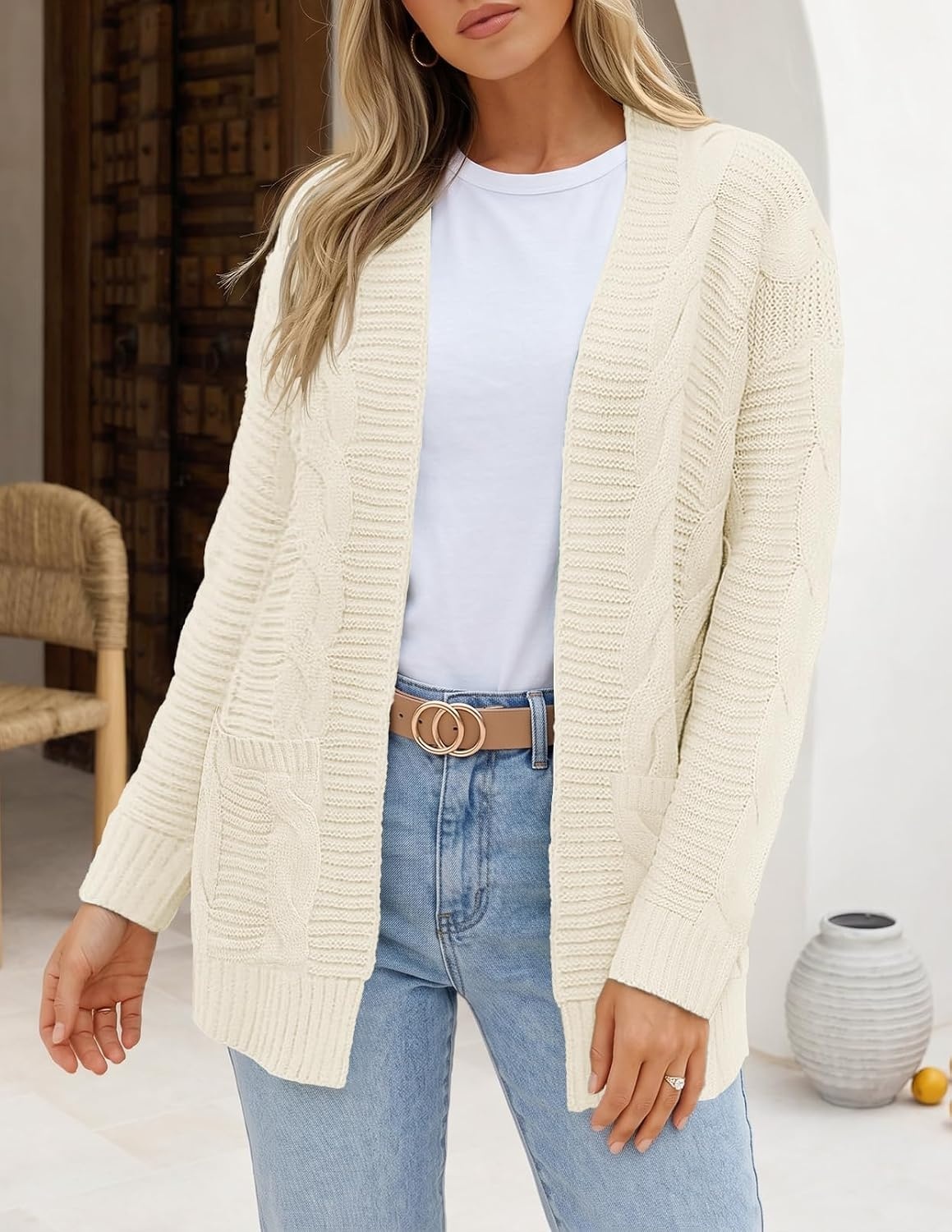 image:imageMEROKEETY Womens Cable Knit Open Front Cardigan Sweaters Fall OuterwearBeige Yellow