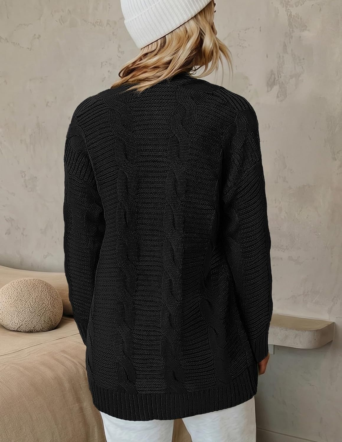 image:imageMEROKEETY Womens Cable Knit Open Front Cardigan Sweaters Fall OuterwearBlack