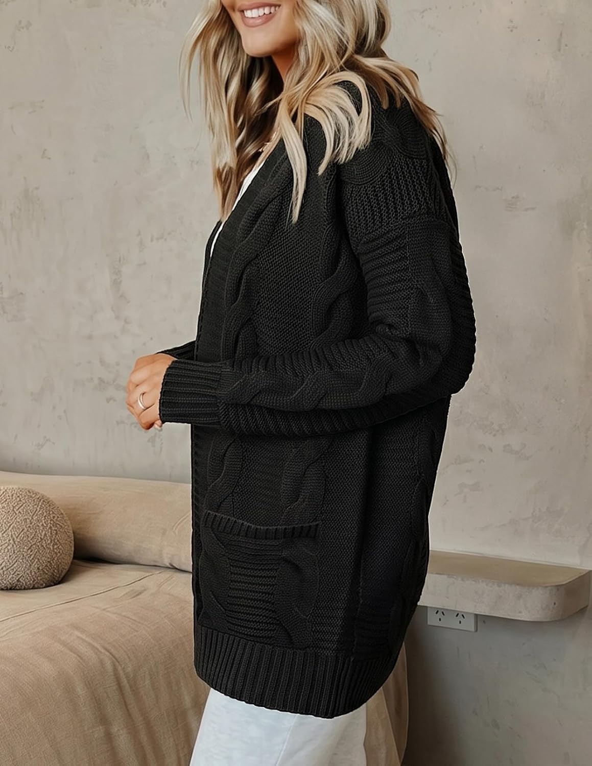image:imageMEROKEETY Womens Cable Knit Open Front Cardigan Sweaters Fall OuterwearBlack
