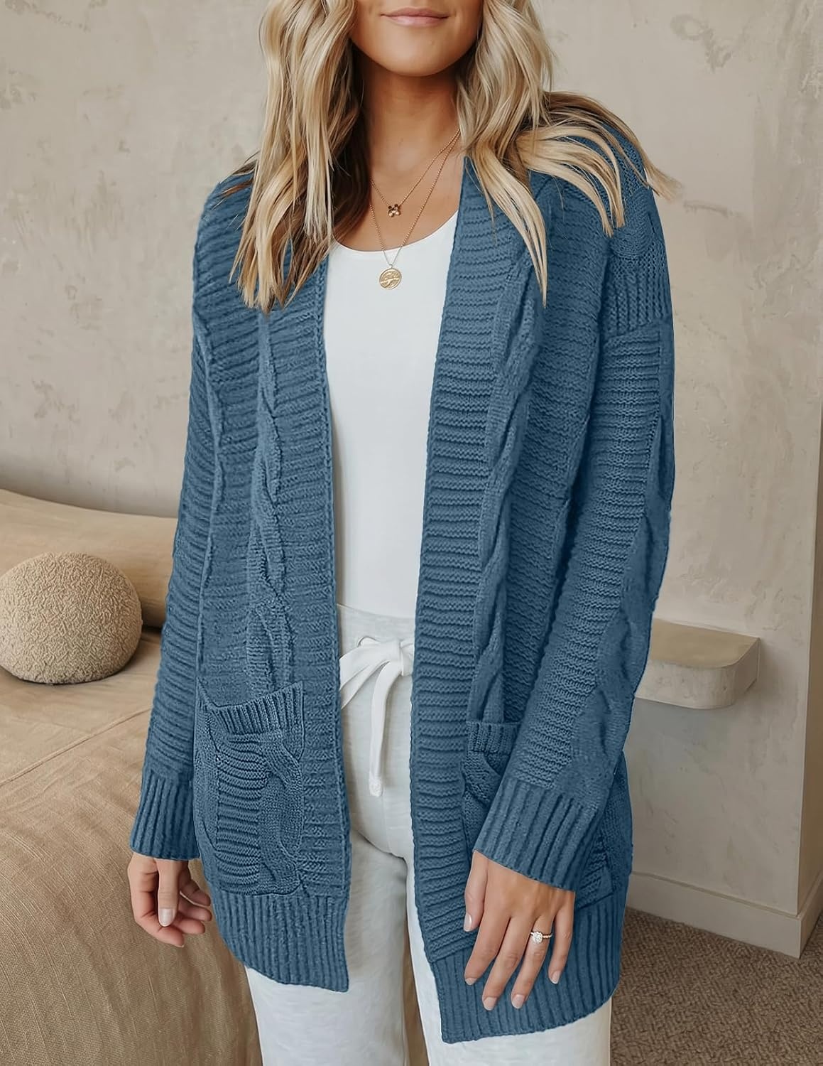 image:imageMEROKEETY Womens Cable Knit Open Front Cardigan Sweaters Fall OuterwearBlue