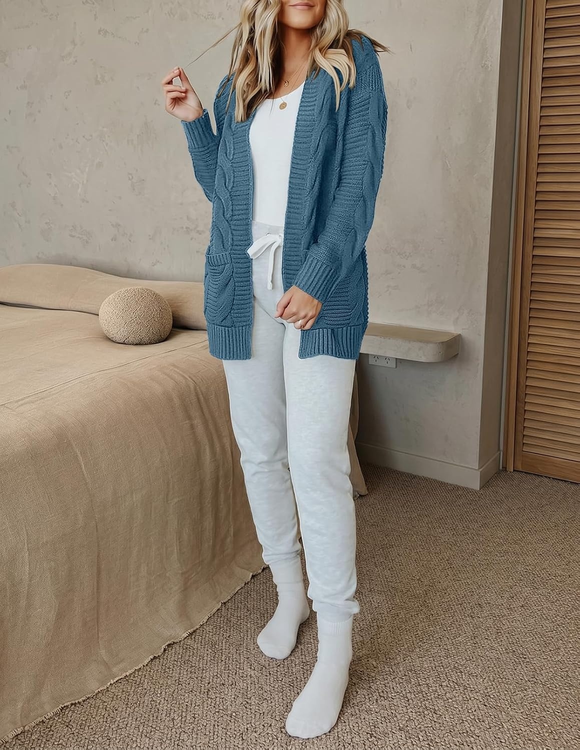 image:imageMEROKEETY Womens Cable Knit Open Front Cardigan Sweaters Fall OuterwearBlue