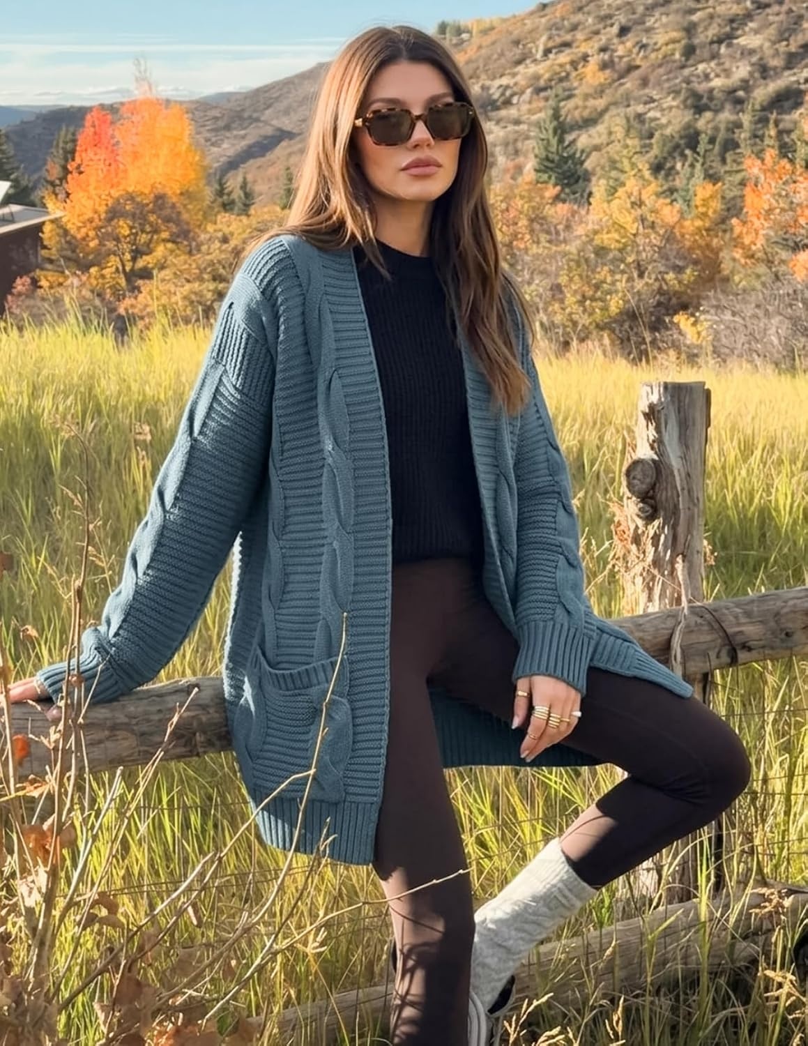 image:imageMEROKEETY Womens Cable Knit Open Front Cardigan Sweaters Fall OuterwearBlue