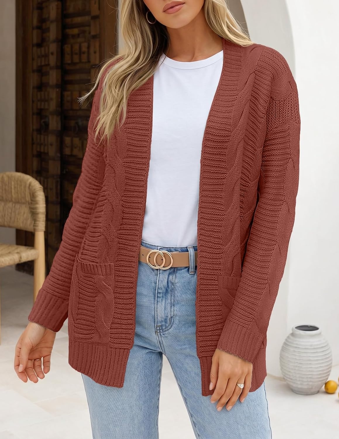 image:imageMEROKEETY Womens Cable Knit Open Front Cardigan Sweaters Fall OuterwearBrick Red