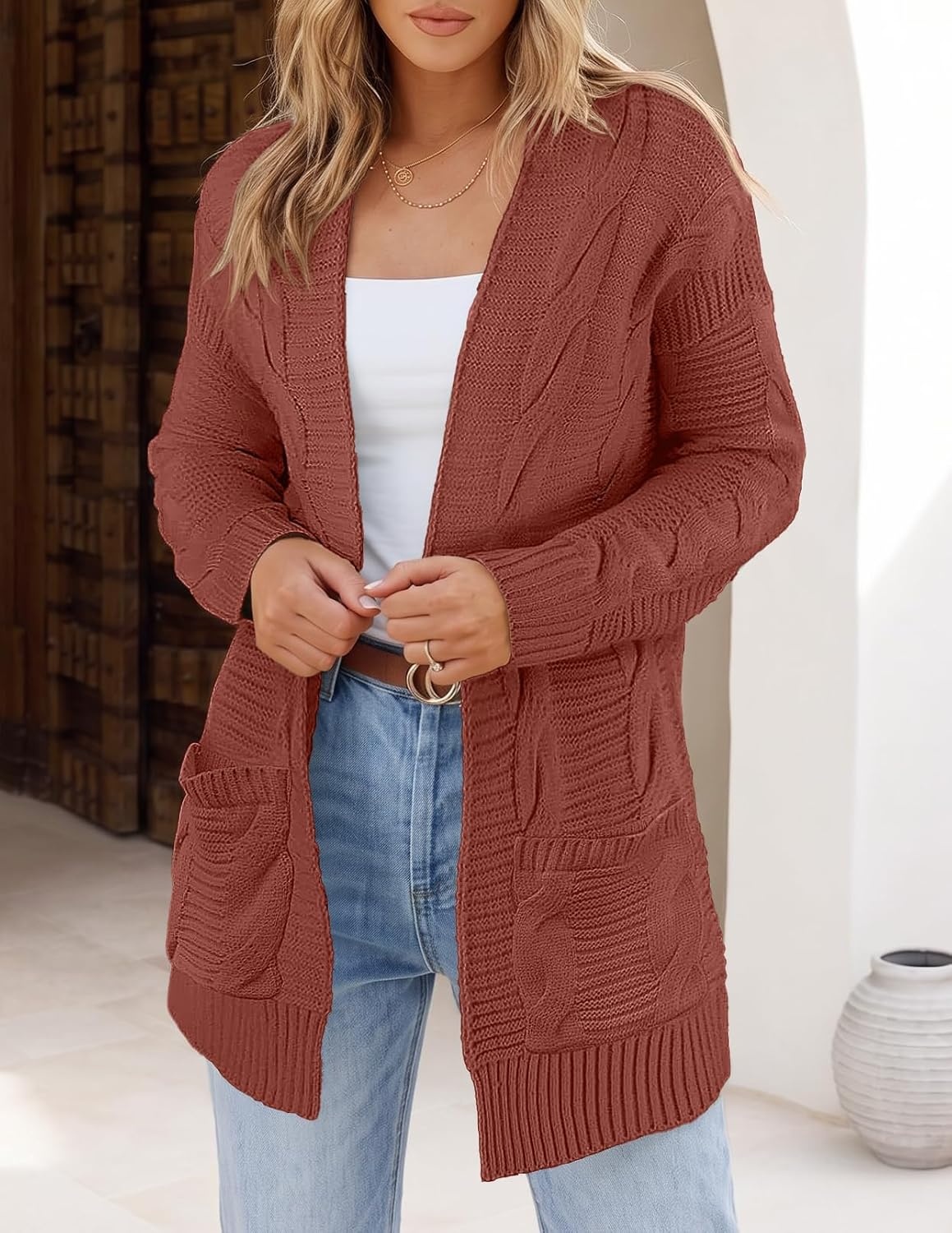 image:imageMEROKEETY Womens Cable Knit Open Front Cardigan Sweaters Fall OuterwearBrick Red