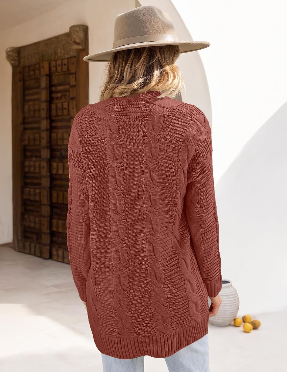 image:imageMEROKEETY Womens Cable Knit Open Front Cardigan Sweaters Fall OuterwearBrick Red