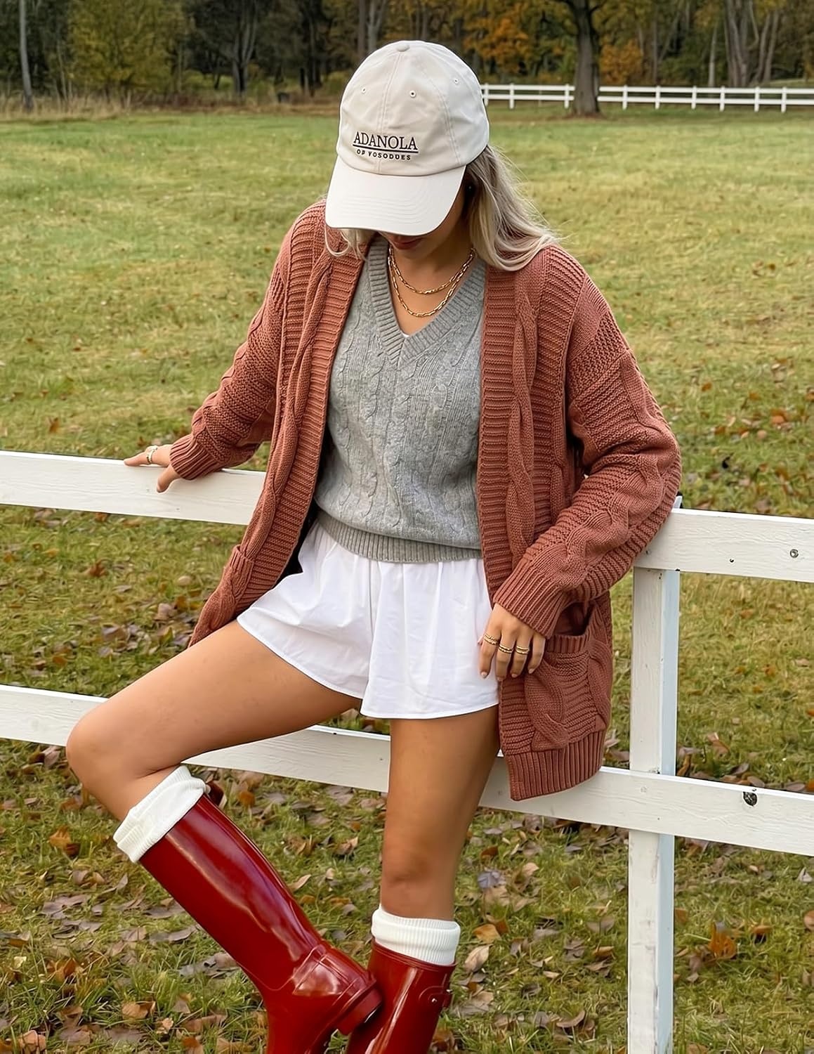 image:imageMEROKEETY Womens Cable Knit Open Front Cardigan Sweaters Fall OuterwearBrick Red