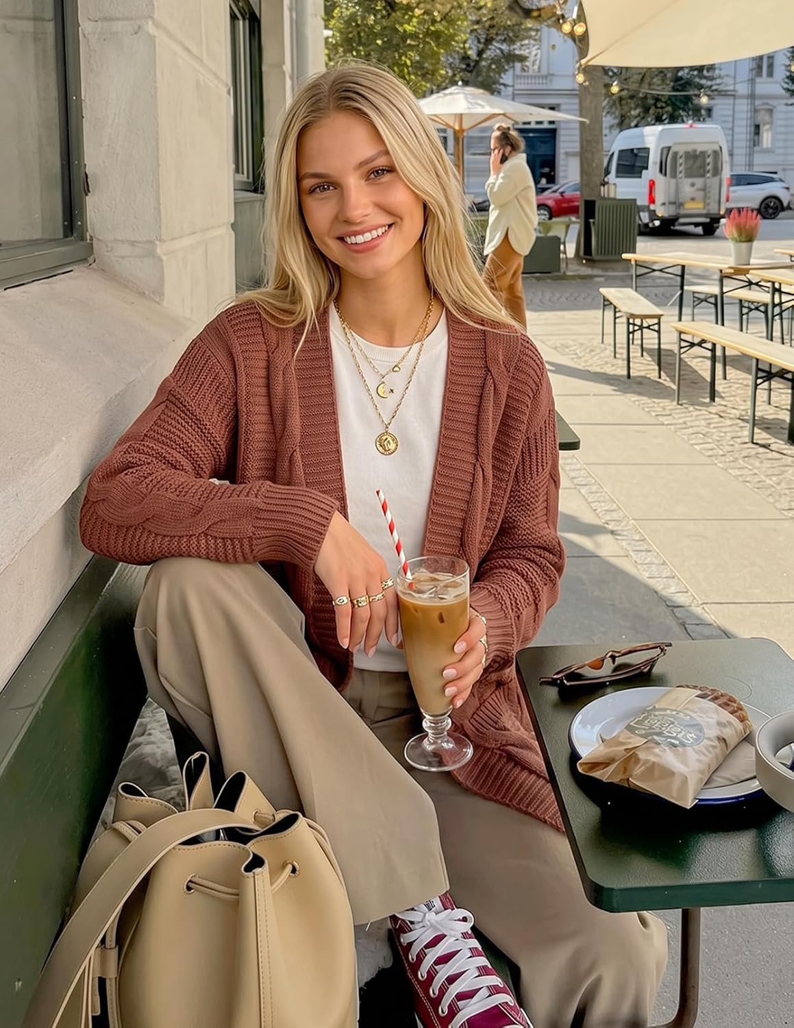 image:imageMEROKEETY Womens Cable Knit Open Front Cardigan Sweaters Fall OuterwearBrick Red
