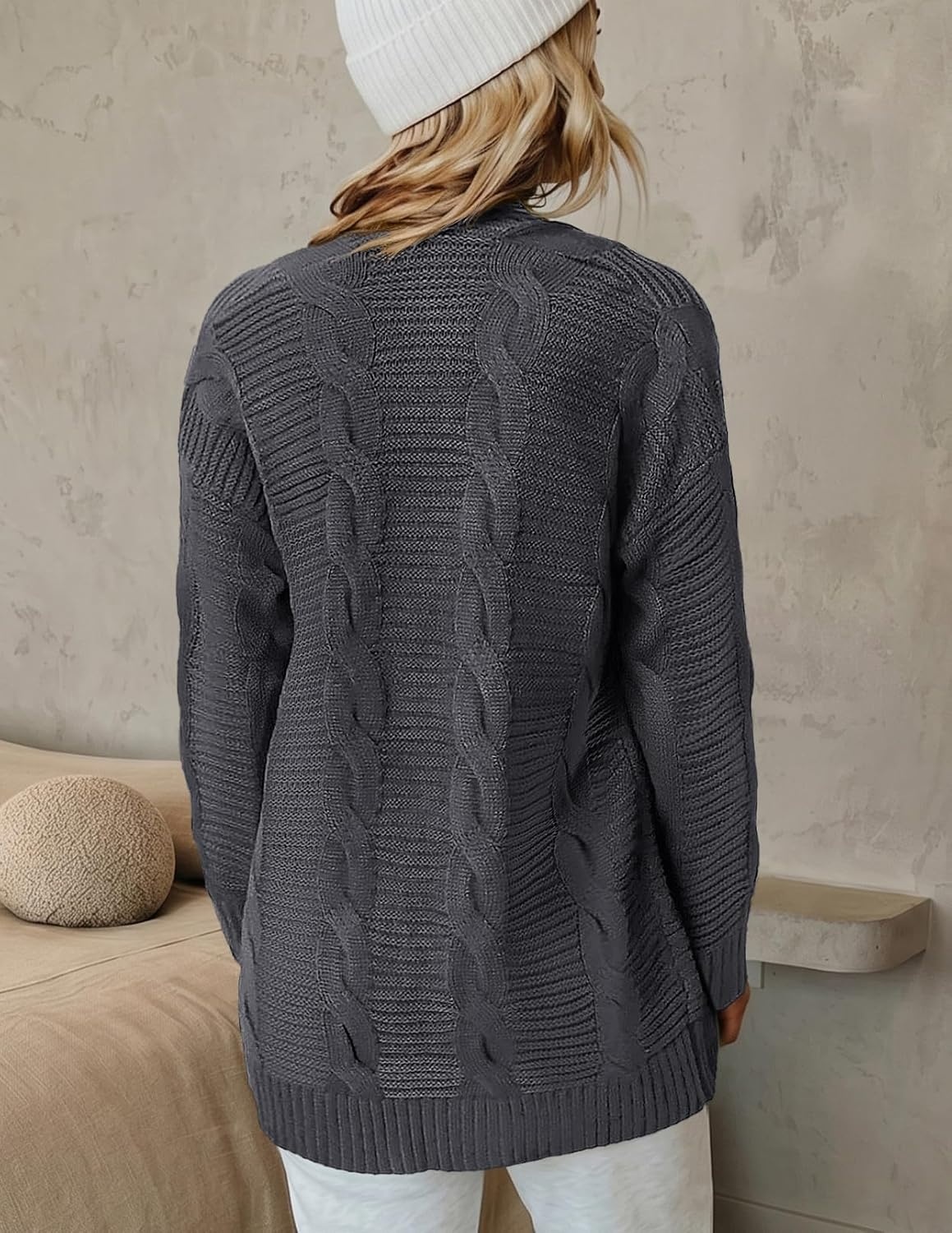 image:imageMEROKEETY Womens Cable Knit Open Front Cardigan Sweaters Fall OuterwearCharcoal