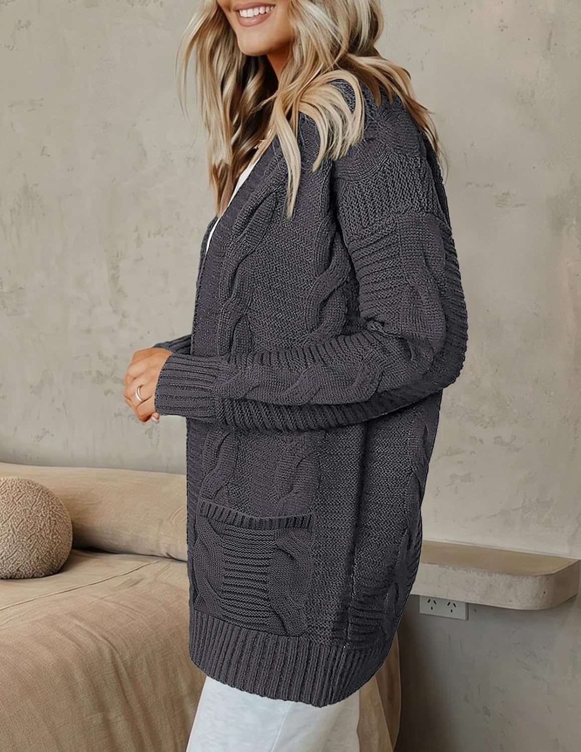 image:imageMEROKEETY Womens Cable Knit Open Front Cardigan Sweaters Fall OuterwearCharcoal