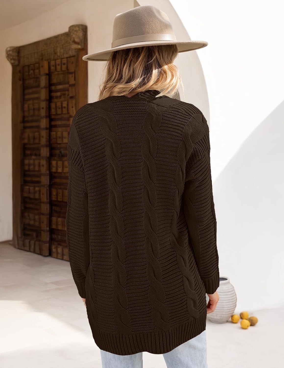 image:imageMEROKEETY Womens Cable Knit Open Front Cardigan Sweaters Fall OuterwearCoffee