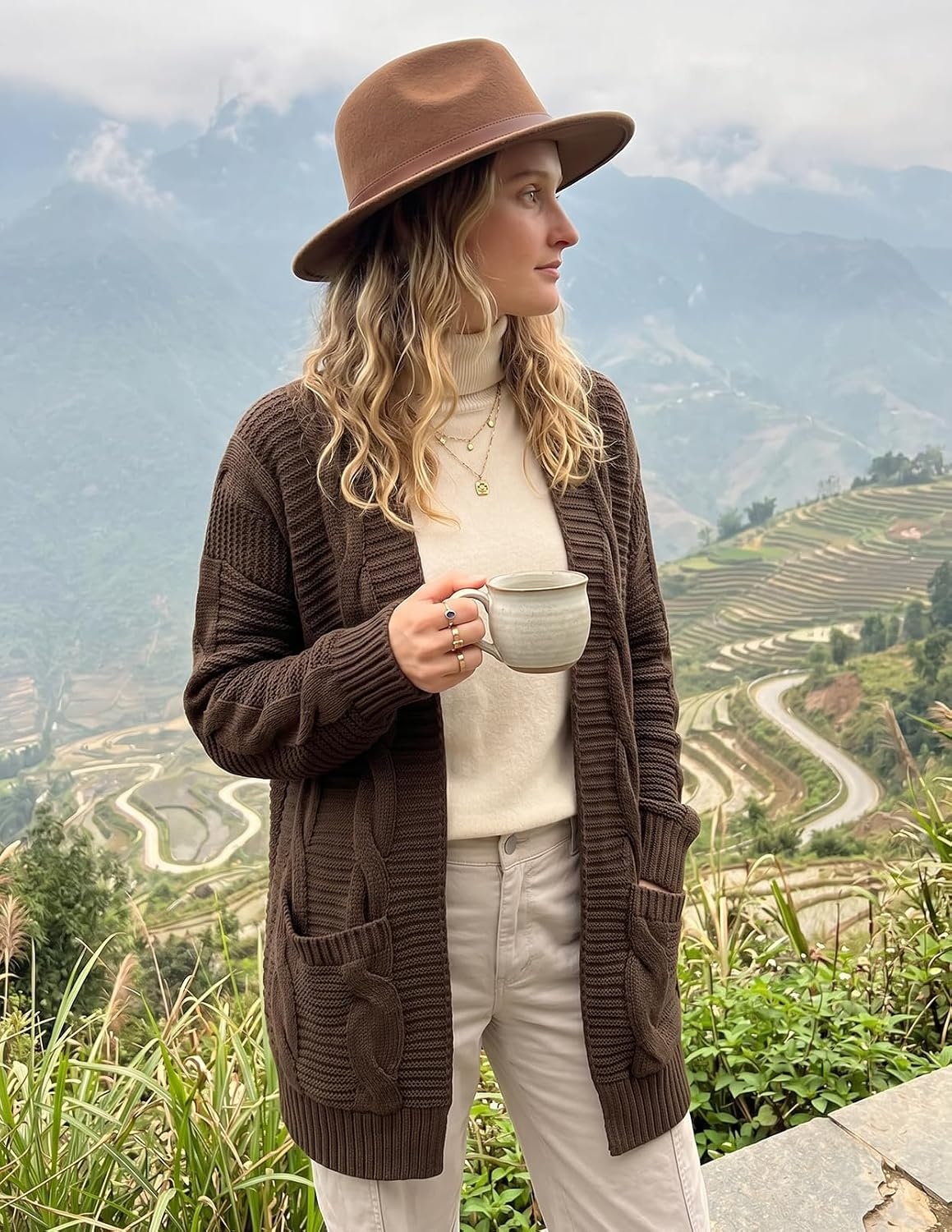 image:imageMEROKEETY Womens Cable Knit Open Front Cardigan Sweaters Fall OuterwearCoffee