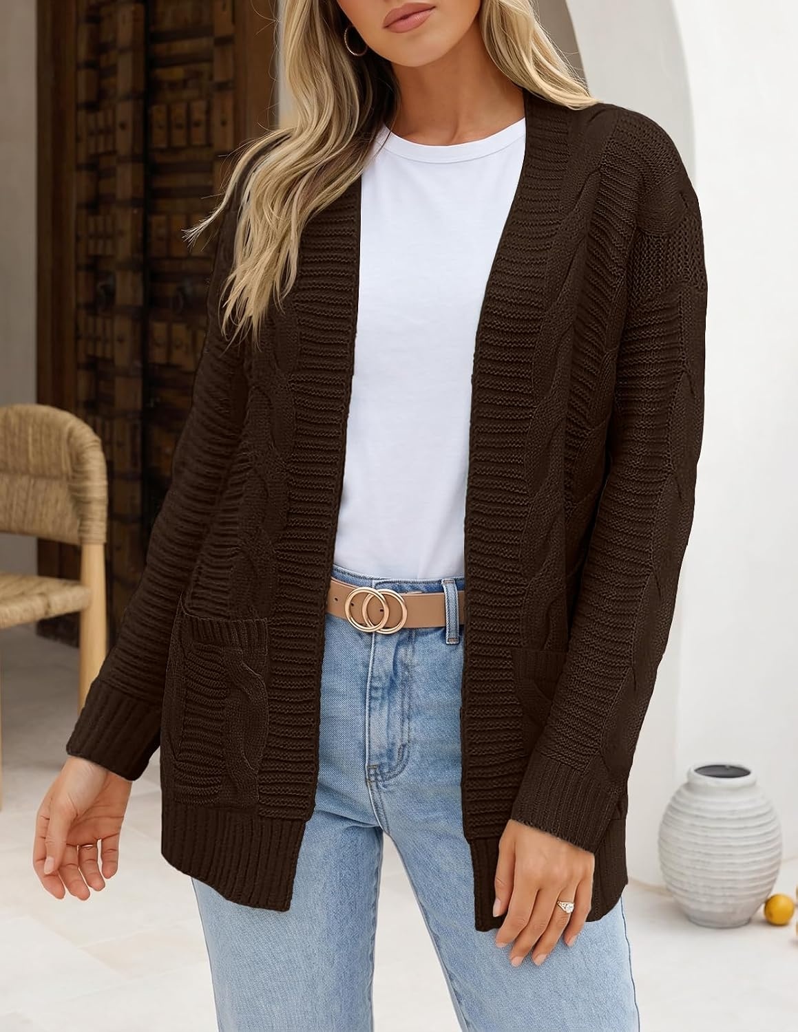 image:imageMEROKEETY Womens Cable Knit Open Front Cardigan Sweaters Fall OuterwearCoffee