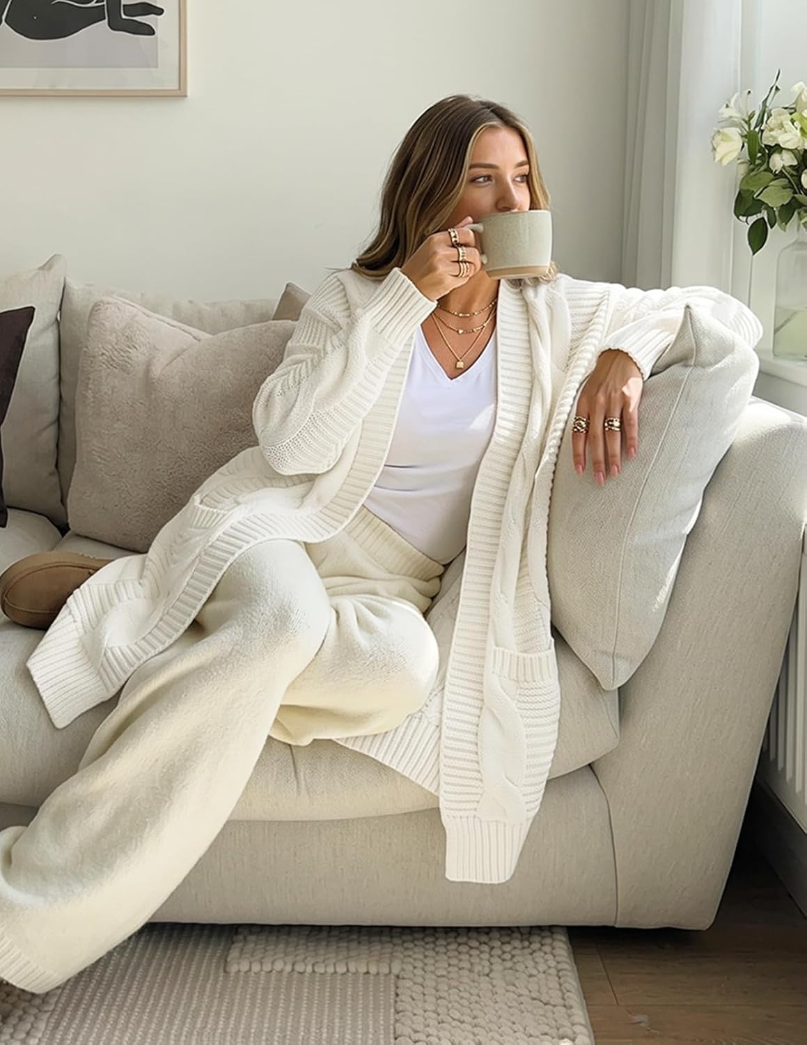 image:imageMEROKEETY Womens Cable Knit Open Front Cardigan Sweaters Fall OuterwearCream
