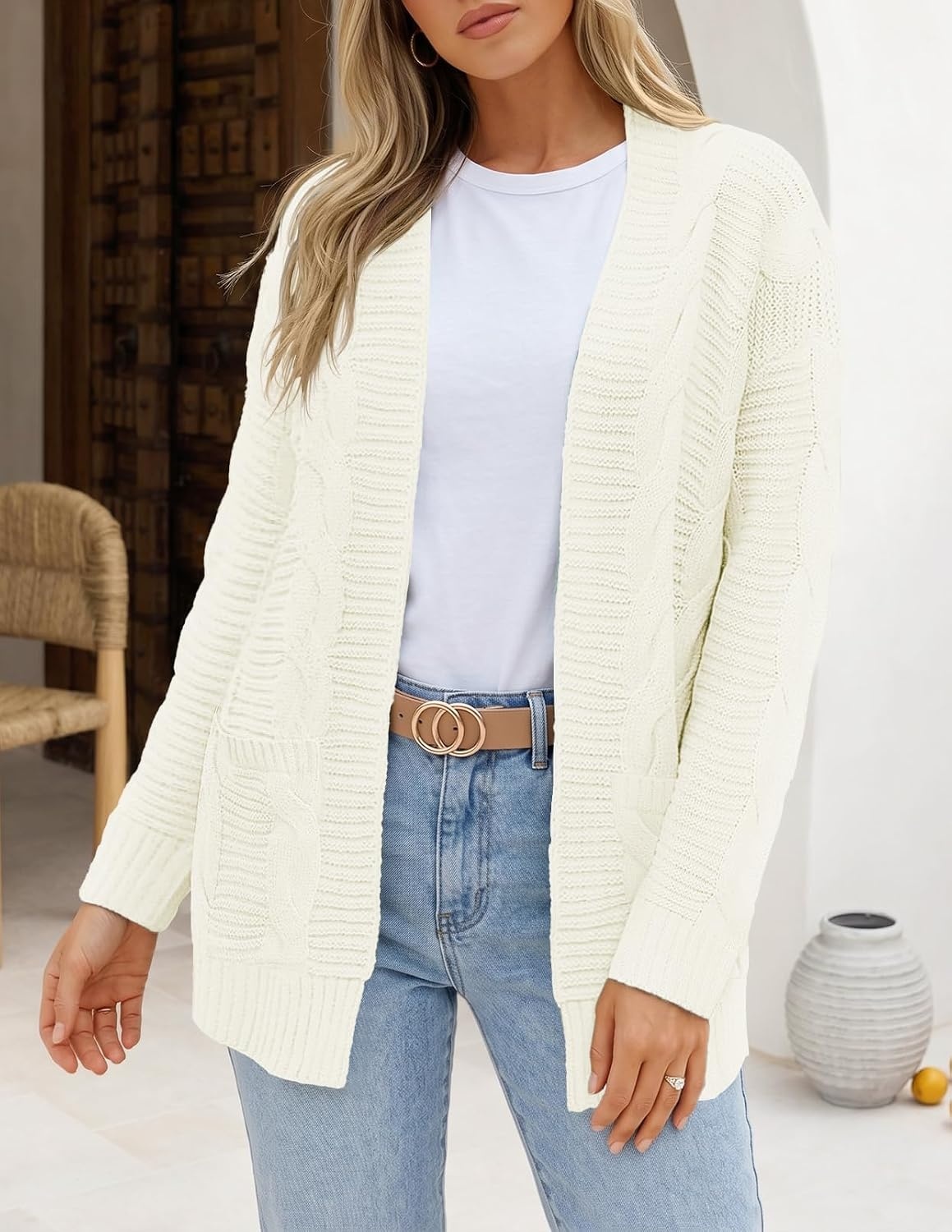 image:imageMEROKEETY Womens Cable Knit Open Front Cardigan Sweaters Fall OuterwearCream