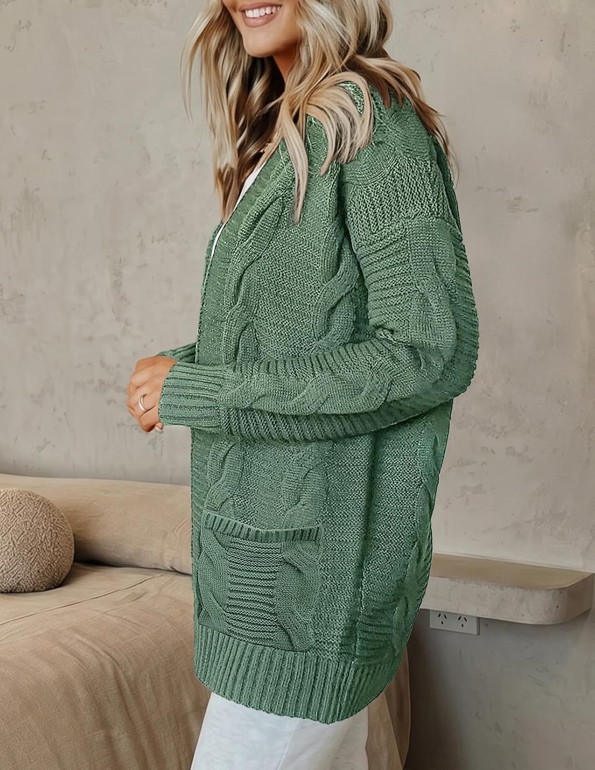 image:imageMEROKEETY Womens Cable Knit Open Front Cardigan Sweaters Fall OuterwearDusty Green