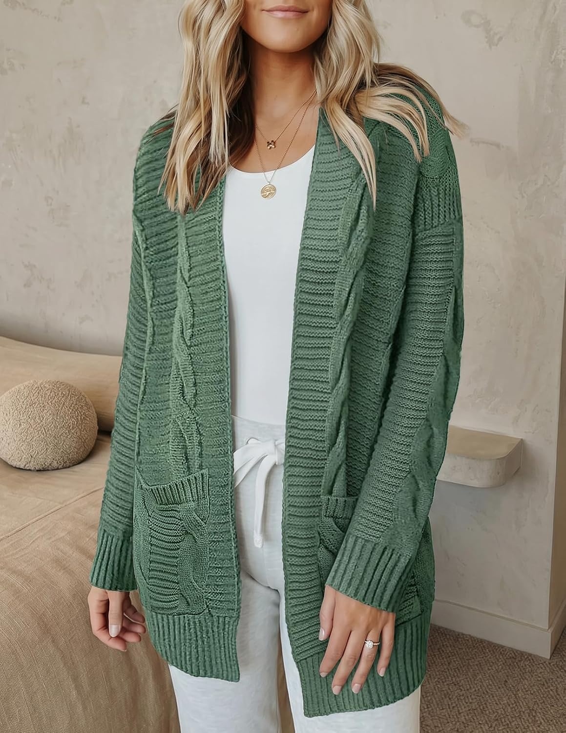 image:imageMEROKEETY Womens Cable Knit Open Front Cardigan Sweaters Fall OuterwearDusty Green