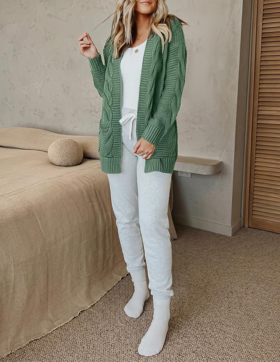 image:imageMEROKEETY Womens Cable Knit Open Front Cardigan Sweaters Fall OuterwearDusty Green
