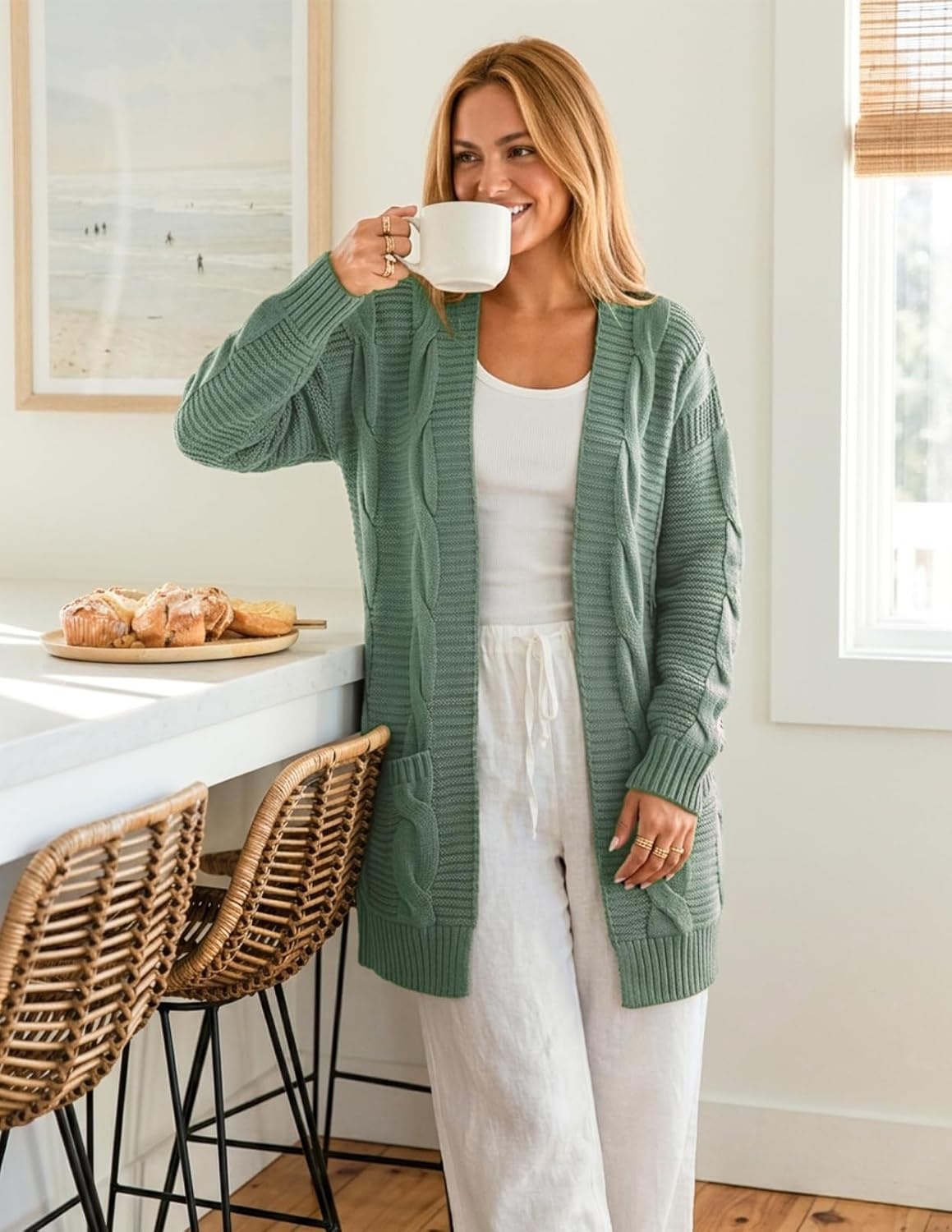 image:imageMEROKEETY Womens Cable Knit Open Front Cardigan Sweaters Fall OuterwearDusty Green
