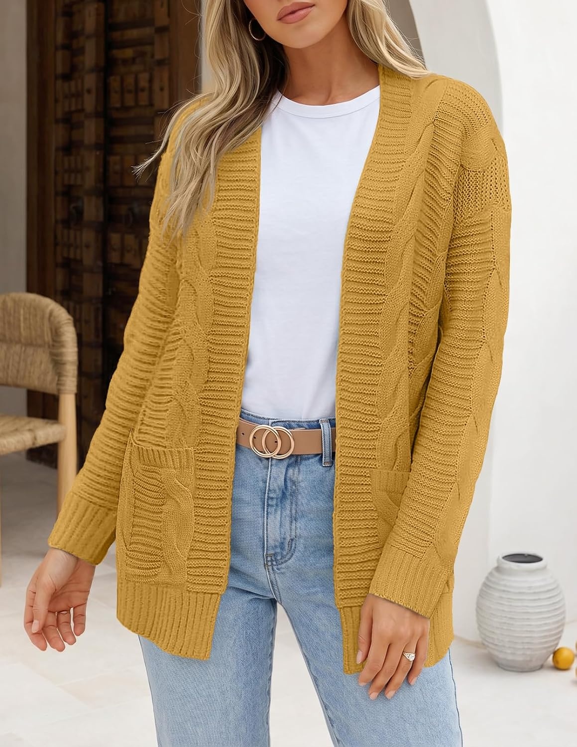 image:imageMEROKEETY Womens Cable Knit Open Front Cardigan Sweaters Fall OuterwearGold Yellow