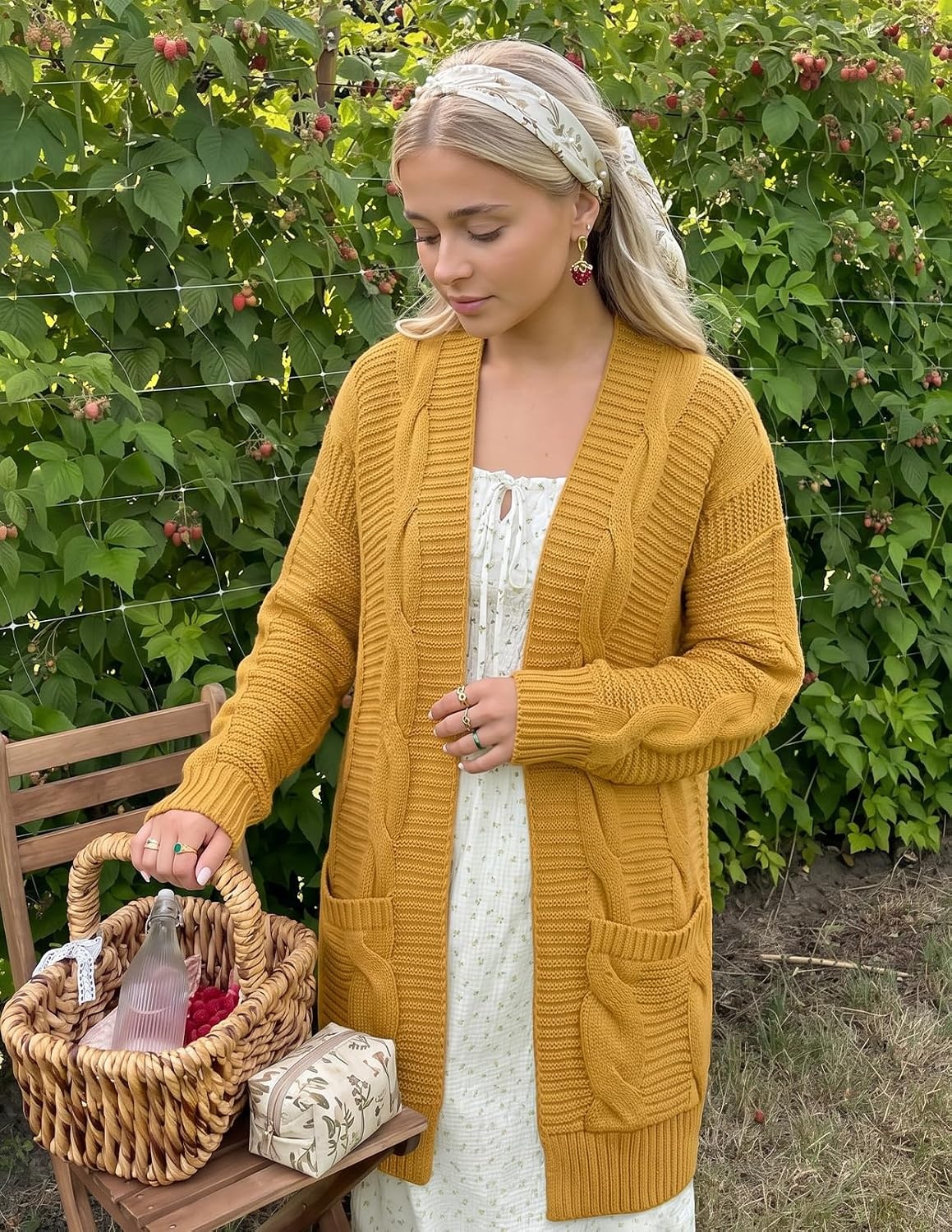 image:imageMEROKEETY Womens Cable Knit Open Front Cardigan Sweaters Fall OuterwearGold Yellow
