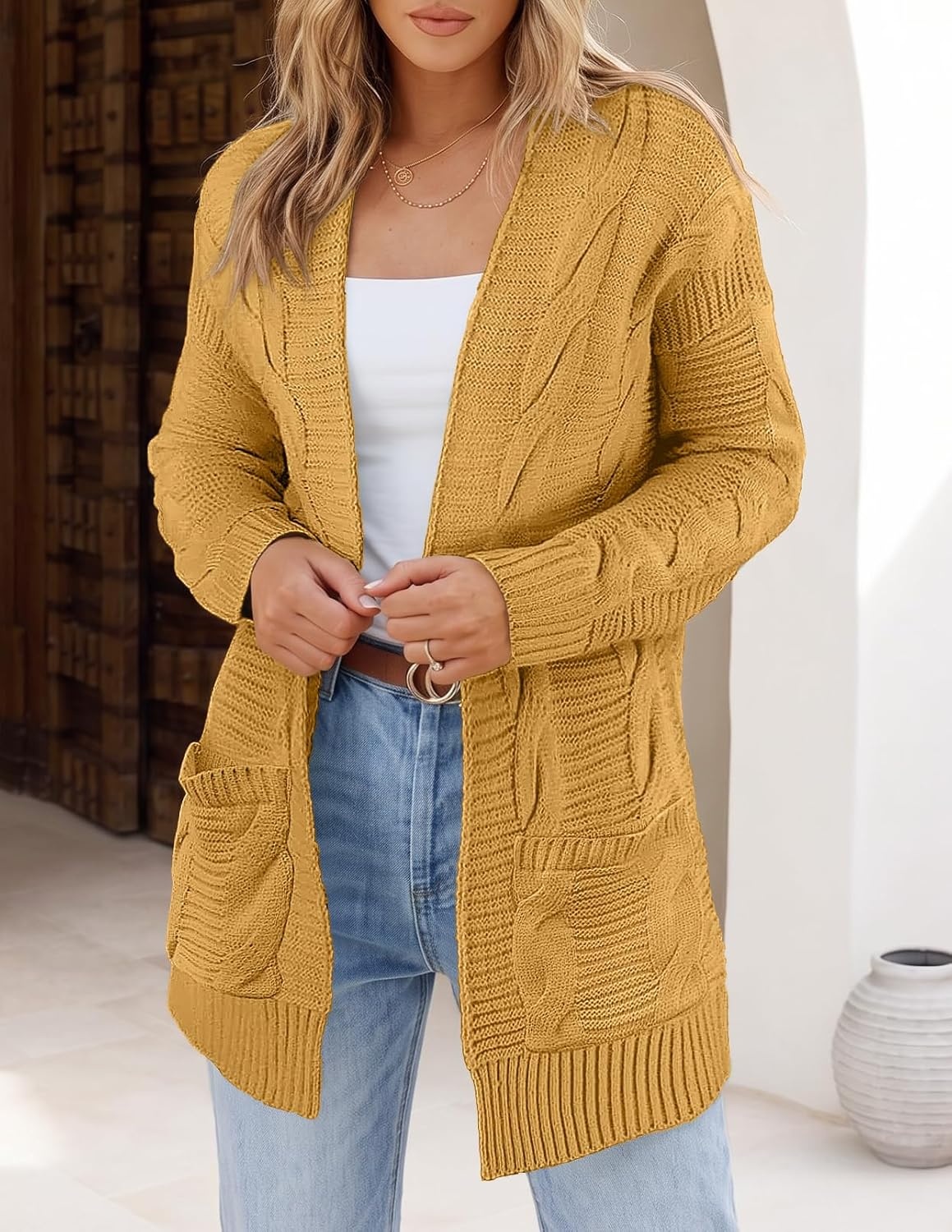 image:imageMEROKEETY Womens Cable Knit Open Front Cardigan Sweaters Fall OuterwearGold Yellow
