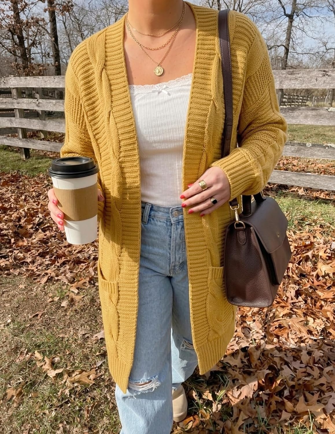 image:imageMEROKEETY Womens Cable Knit Open Front Cardigan Sweaters Fall OuterwearGold Yellow