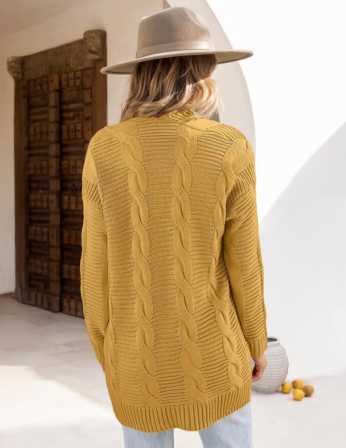 image:imageMEROKEETY Womens Cable Knit Open Front Cardigan Sweaters Fall OuterwearGold Yellow
