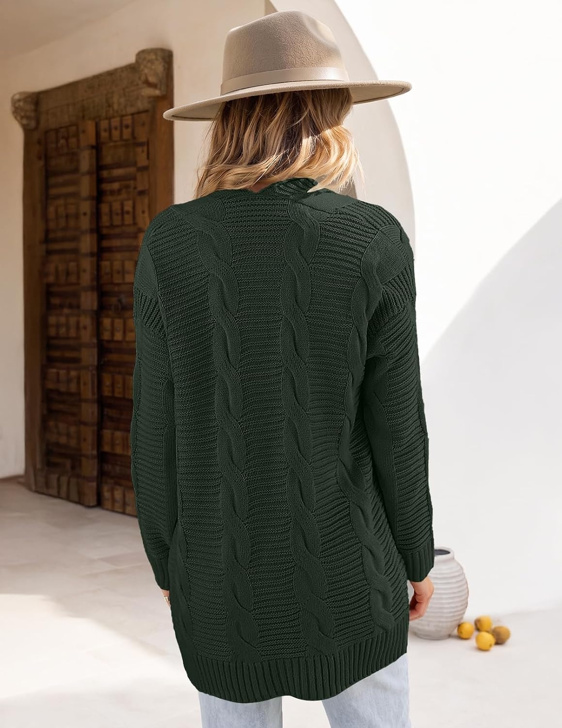 image:imageMEROKEETY Womens Cable Knit Open Front Cardigan Sweaters Fall OuterwearGreen