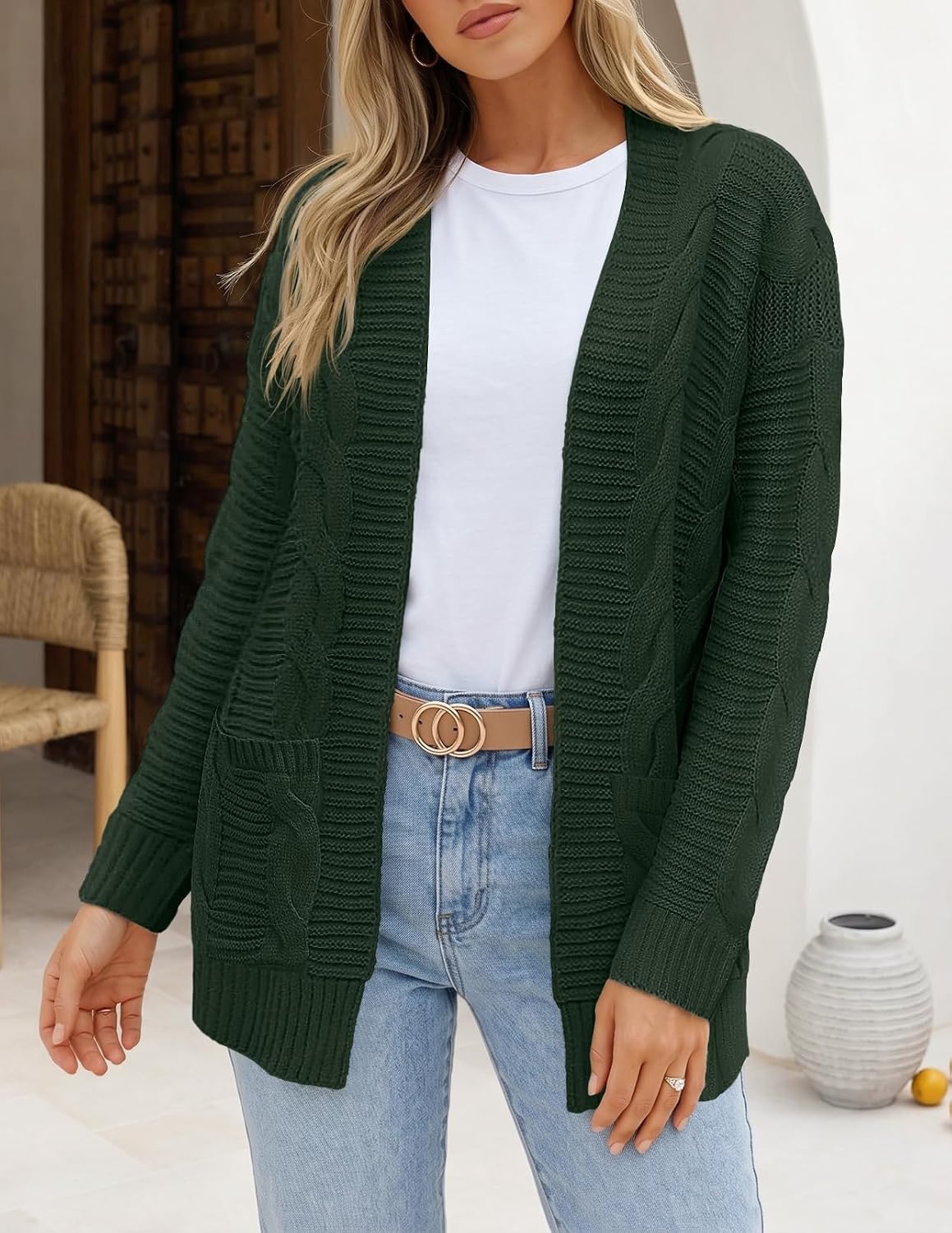 image:imageMEROKEETY Womens Cable Knit Open Front Cardigan Sweaters Fall OuterwearGreen