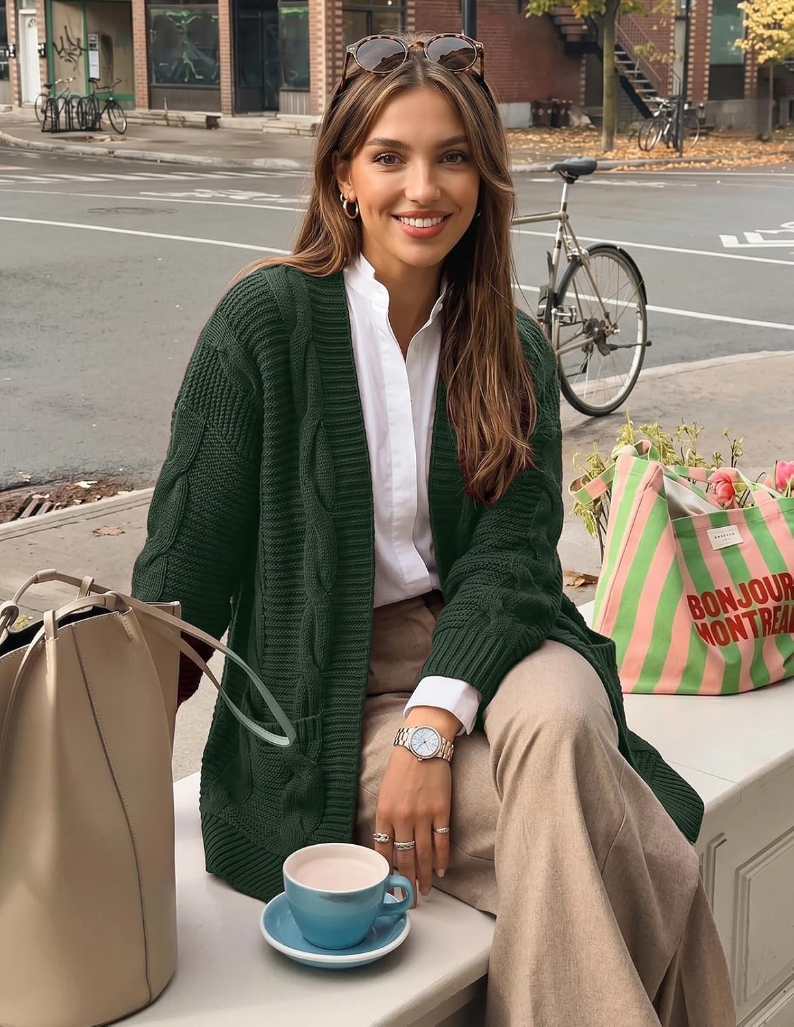 image:imageMEROKEETY Womens Cable Knit Open Front Cardigan Sweaters Fall OuterwearGreen