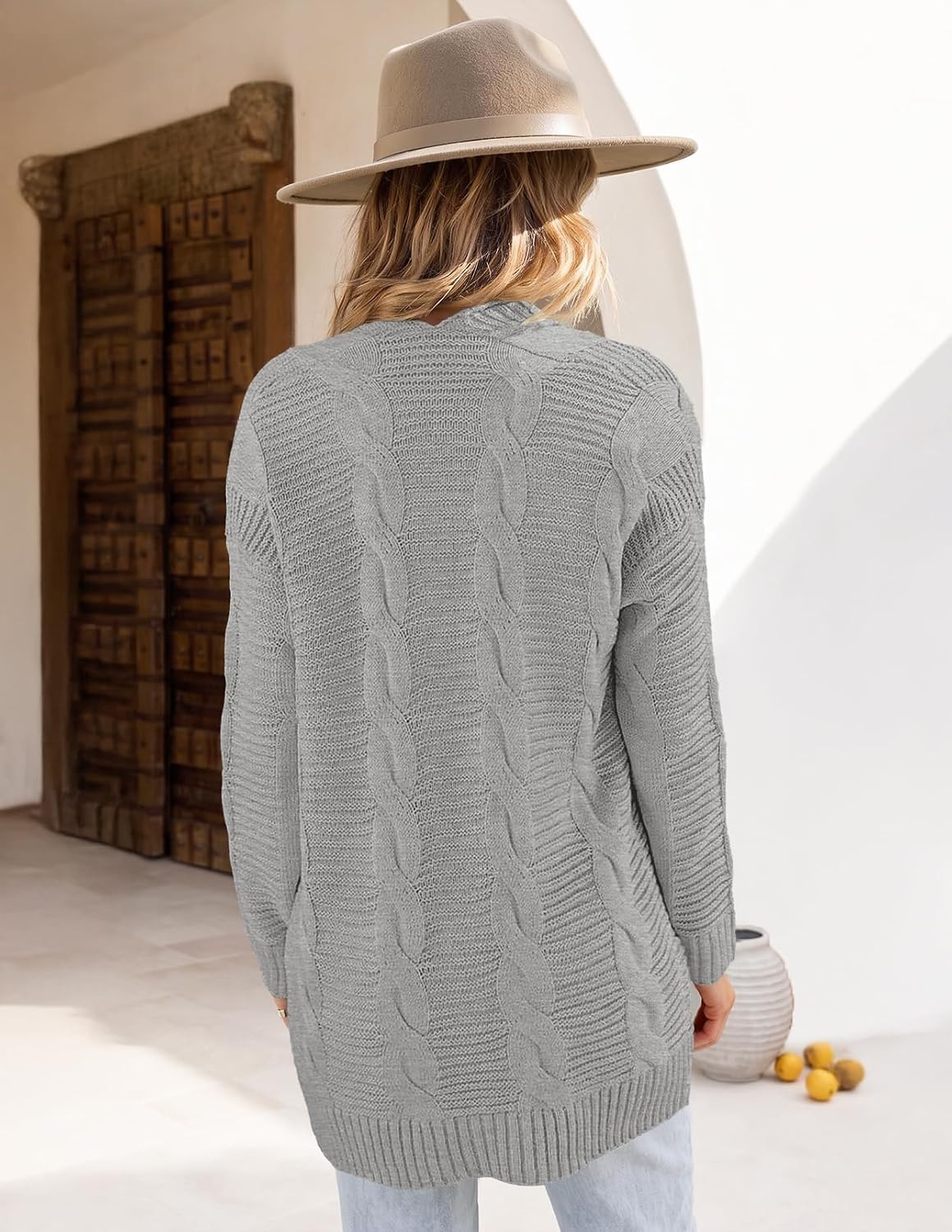 image:imageMEROKEETY Womens Cable Knit Open Front Cardigan Sweaters Fall OuterwearLight Grey