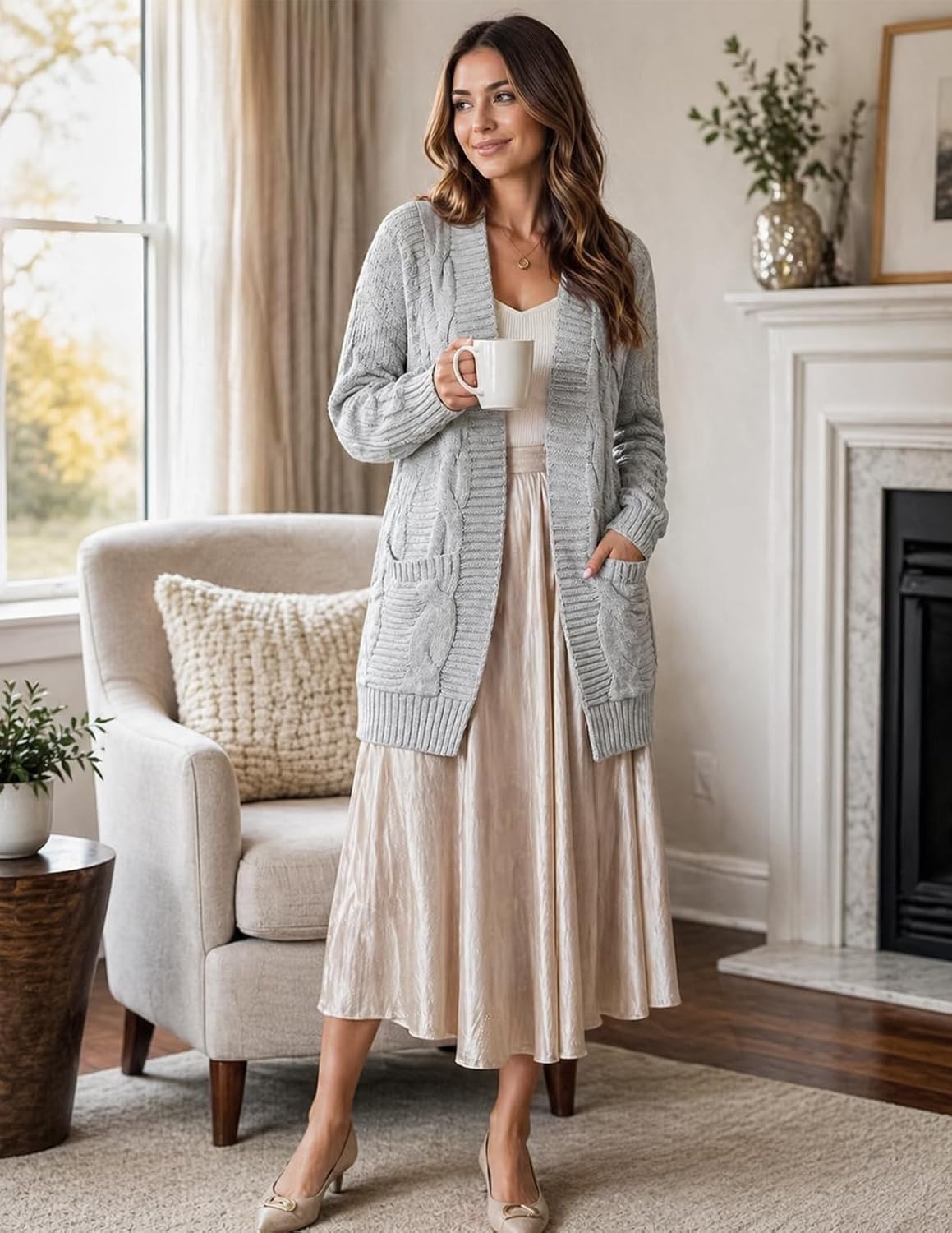 image:imageMEROKEETY Womens Cable Knit Open Front Cardigan Sweaters Fall OuterwearLight Grey