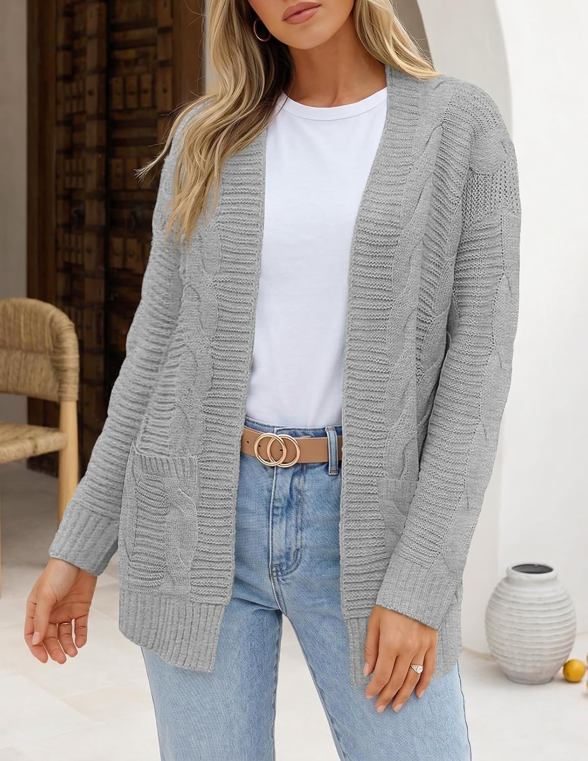 image:imageMEROKEETY Womens Cable Knit Open Front Cardigan Sweaters Fall OuterwearLight Grey