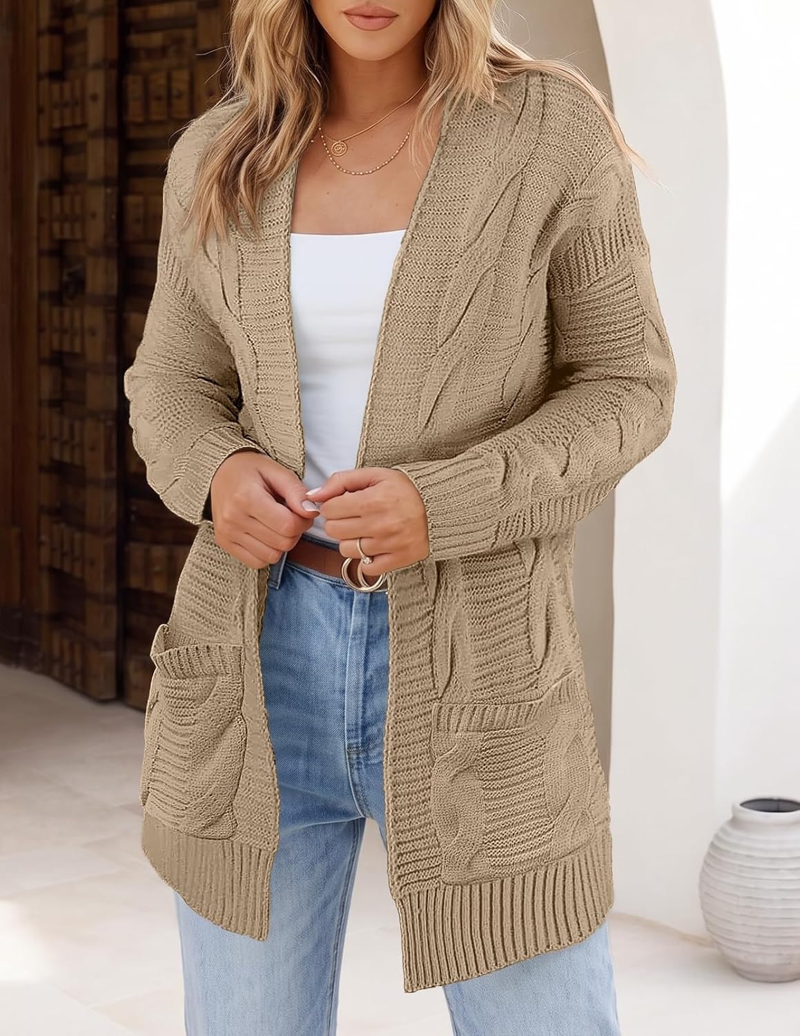 image:imageMEROKEETY Womens Cable Knit Open Front Cardigan Sweaters Fall OuterwearLight Khaki
