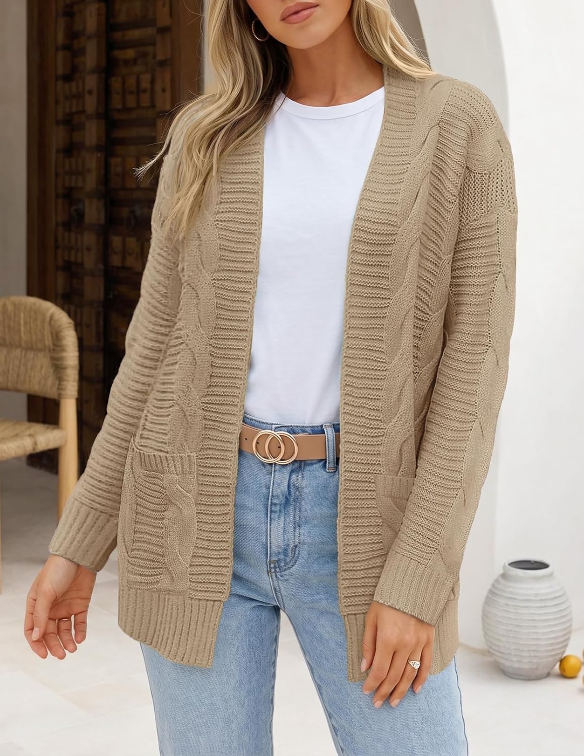 image:imageMEROKEETY Womens Cable Knit Open Front Cardigan Sweaters Fall OuterwearLight Khaki