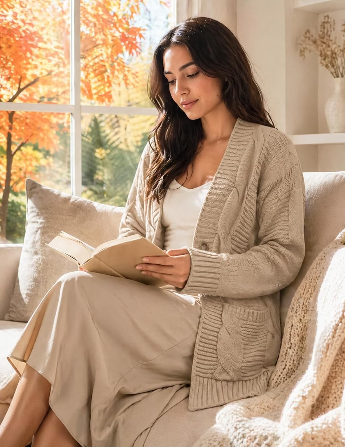 image:imageMEROKEETY Womens Cable Knit Open Front Cardigan Sweaters Fall OuterwearLight Khaki