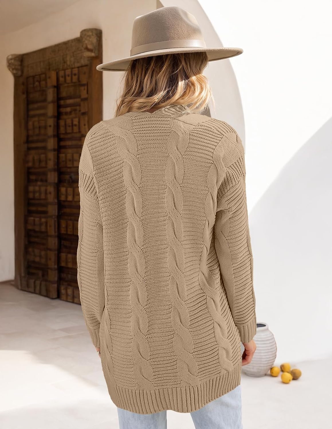 image:imageMEROKEETY Womens Cable Knit Open Front Cardigan Sweaters Fall OuterwearLight Khaki