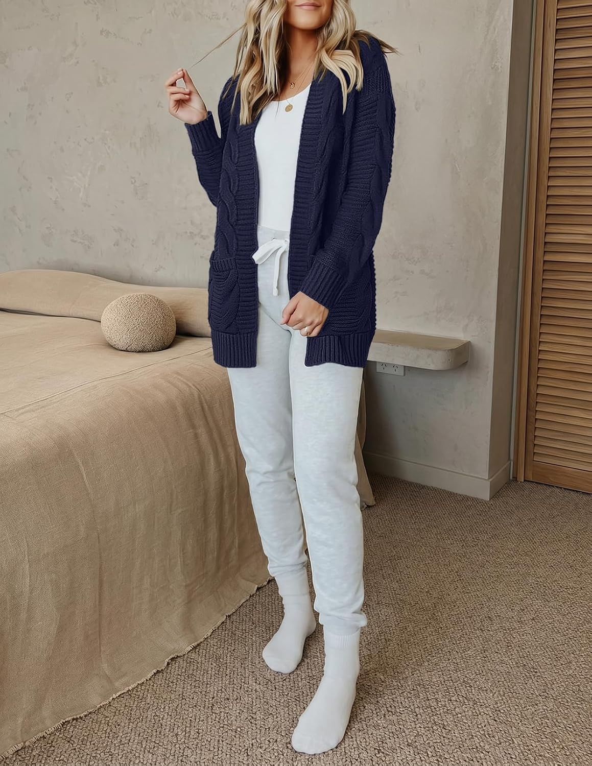 image:imageMEROKEETY Womens Cable Knit Open Front Cardigan Sweaters Fall OuterwearNavy