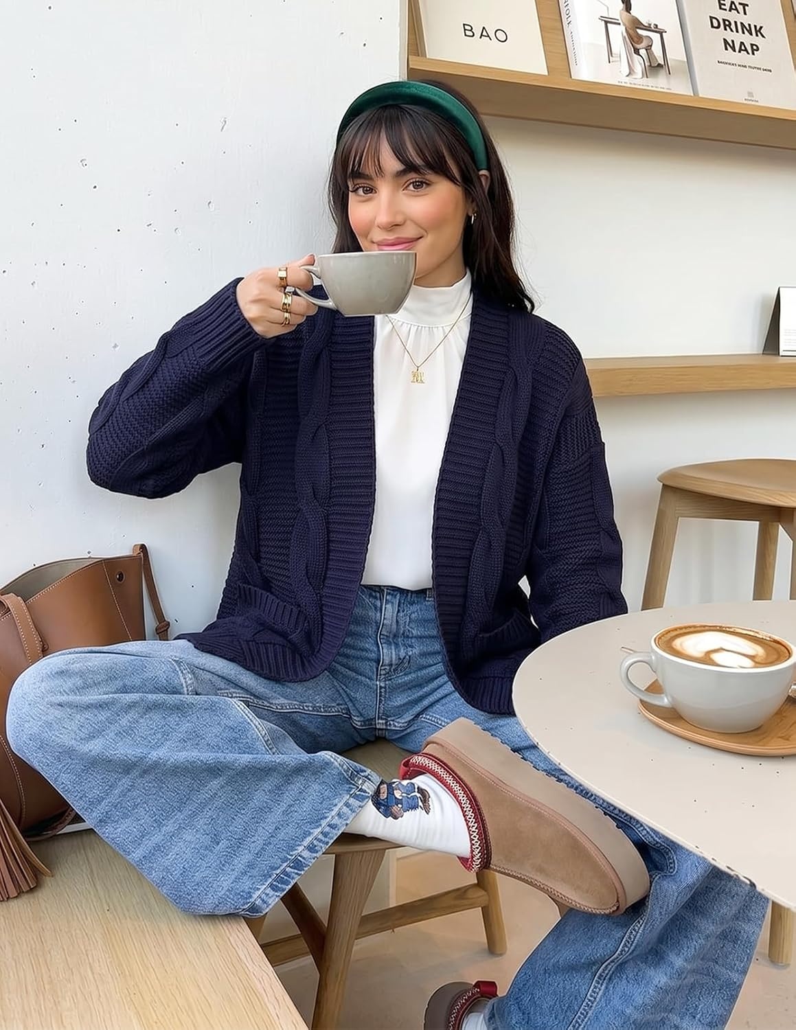 image:imageMEROKEETY Womens Cable Knit Open Front Cardigan Sweaters Fall OuterwearNavy