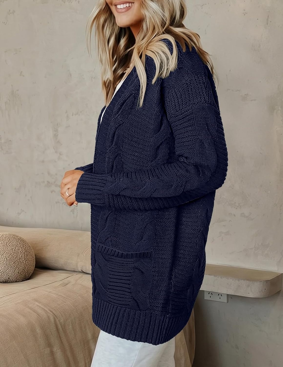 image:imageMEROKEETY Womens Cable Knit Open Front Cardigan Sweaters Fall OuterwearNavy