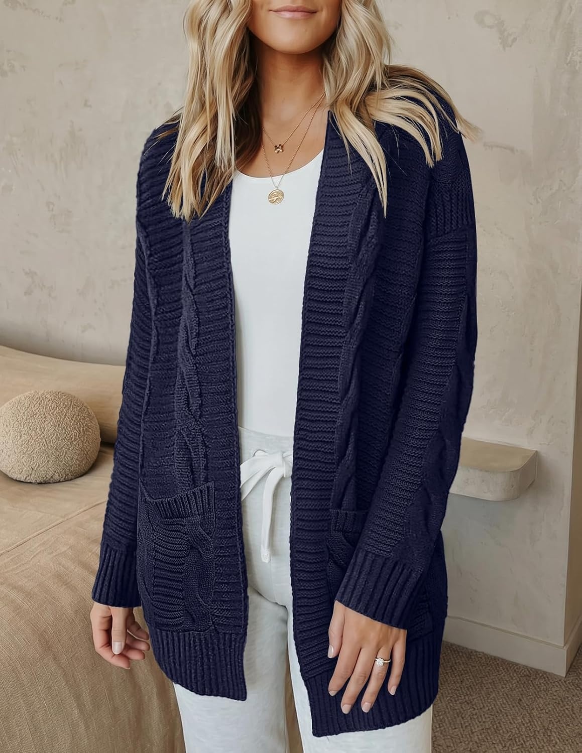 image:imageMEROKEETY Womens Cable Knit Open Front Cardigan Sweaters Fall OuterwearNavy