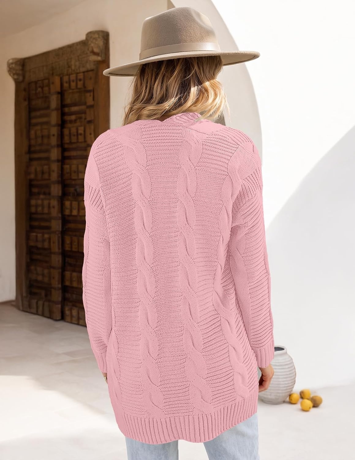 image:imageMEROKEETY Womens Cable Knit Open Front Cardigan Sweaters Fall OuterwearPink