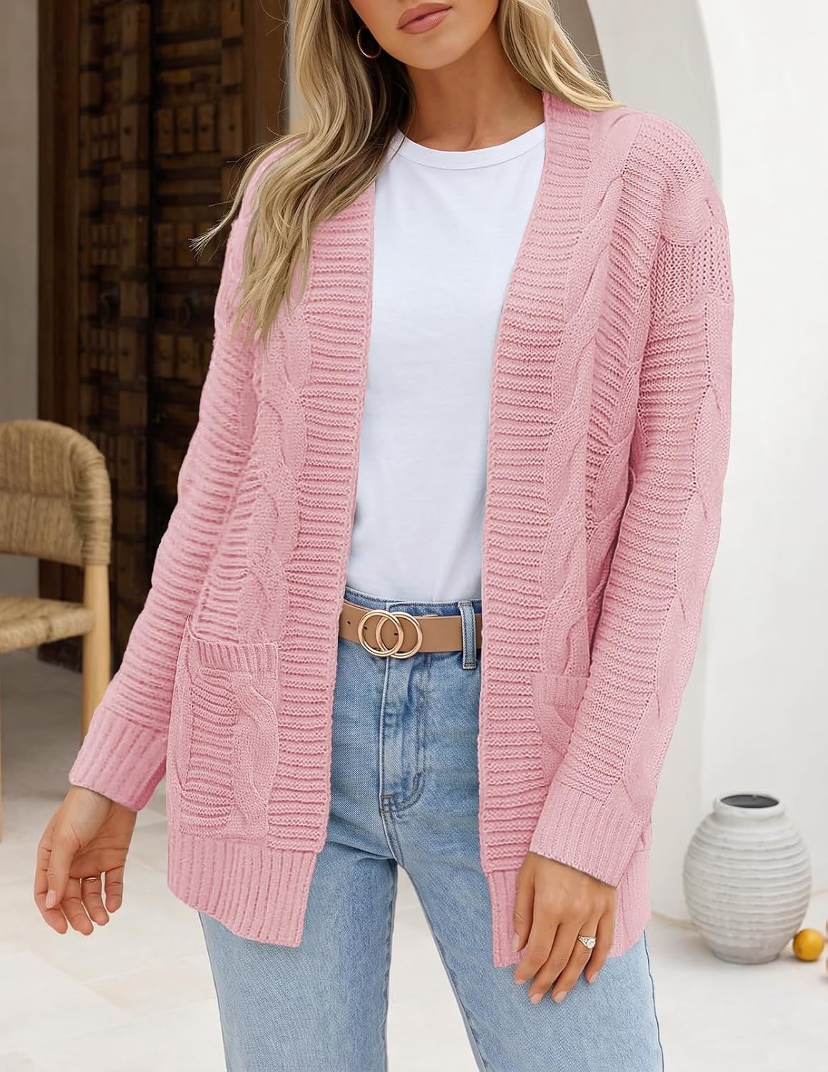 image:imageMEROKEETY Womens Cable Knit Open Front Cardigan Sweaters Fall OuterwearPink