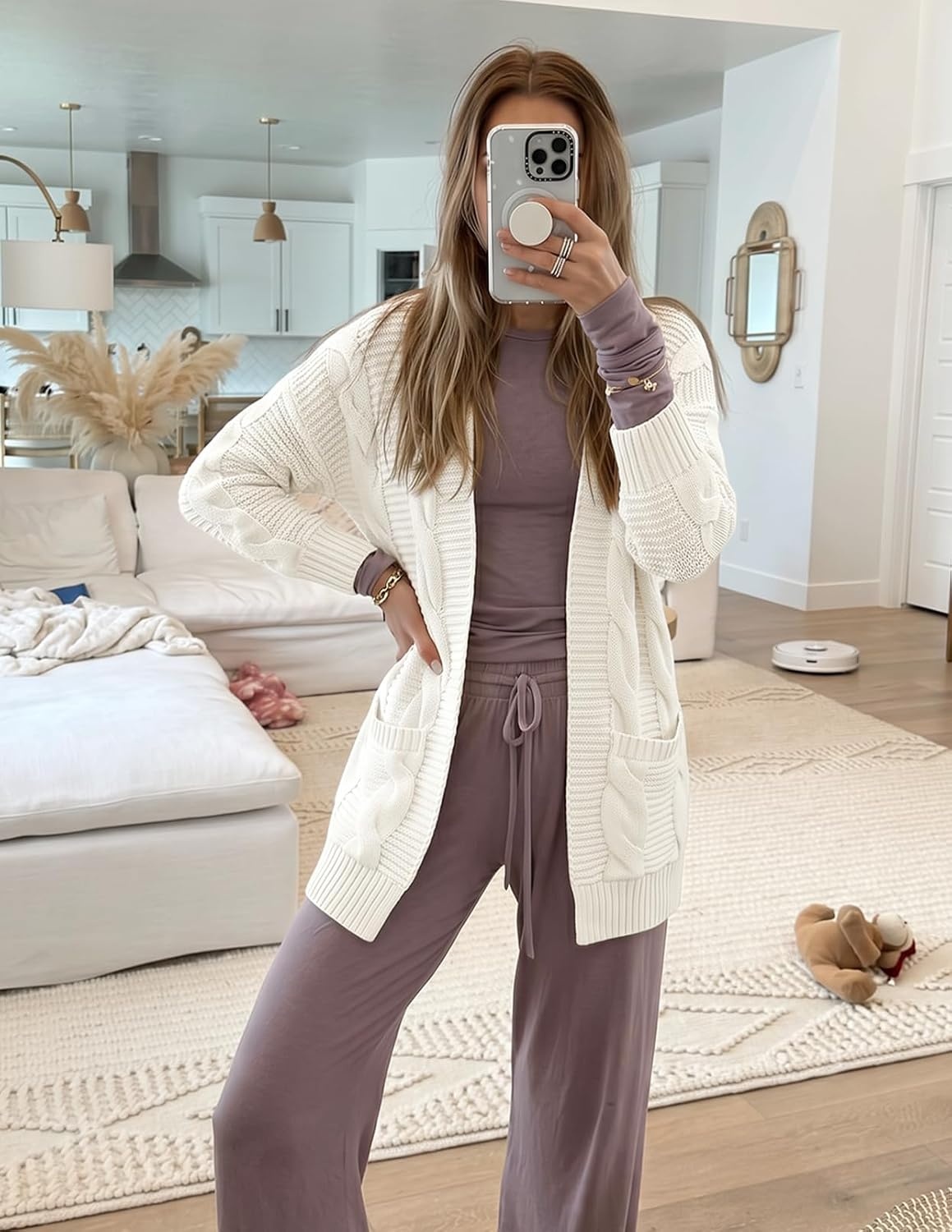 image:imageMEROKEETY Womens Cable Knit Open Front Cardigan Sweaters Fall OuterwearWhite