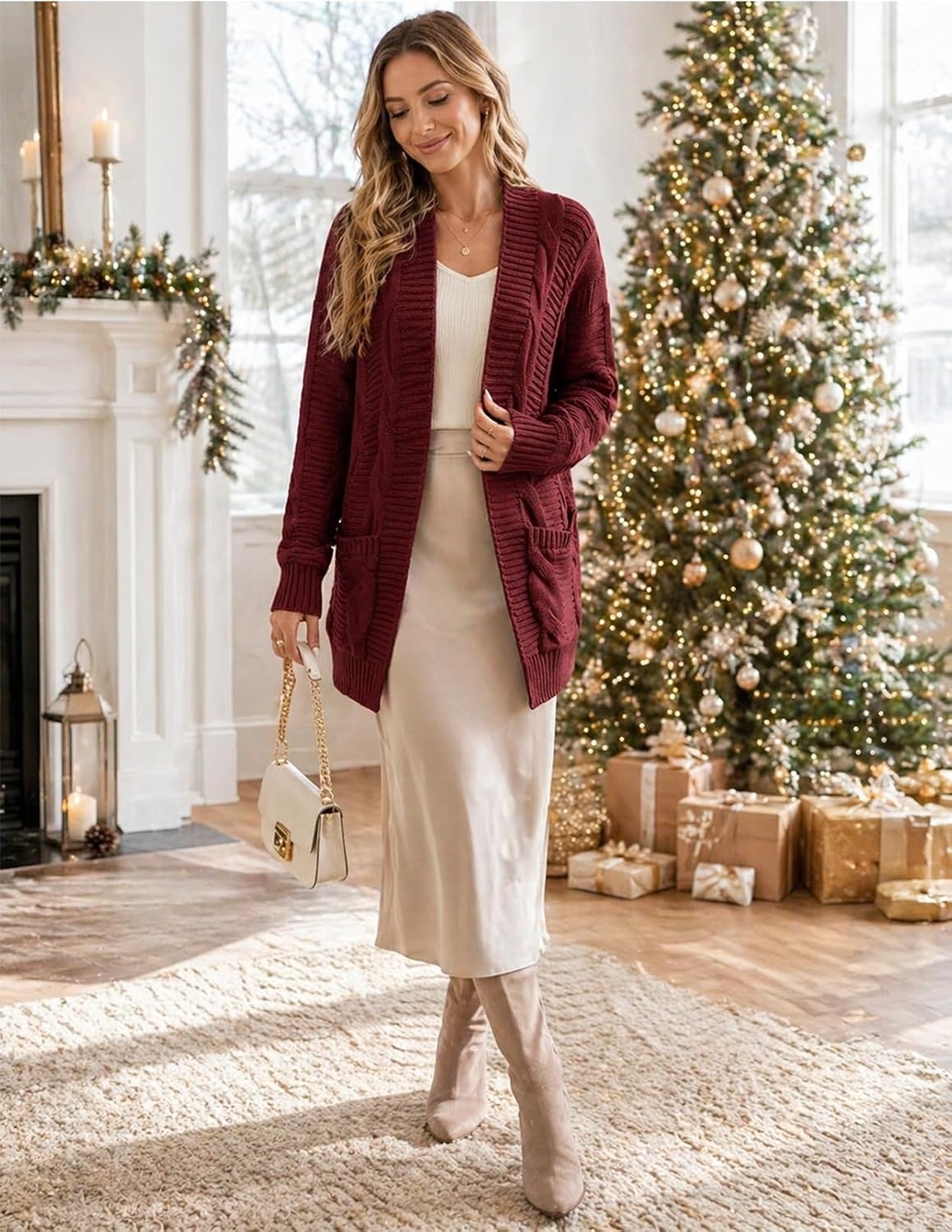 image:imageMEROKEETY Womens Cable Knit Open Front Cardigan Sweaters Fall OuterwearWine