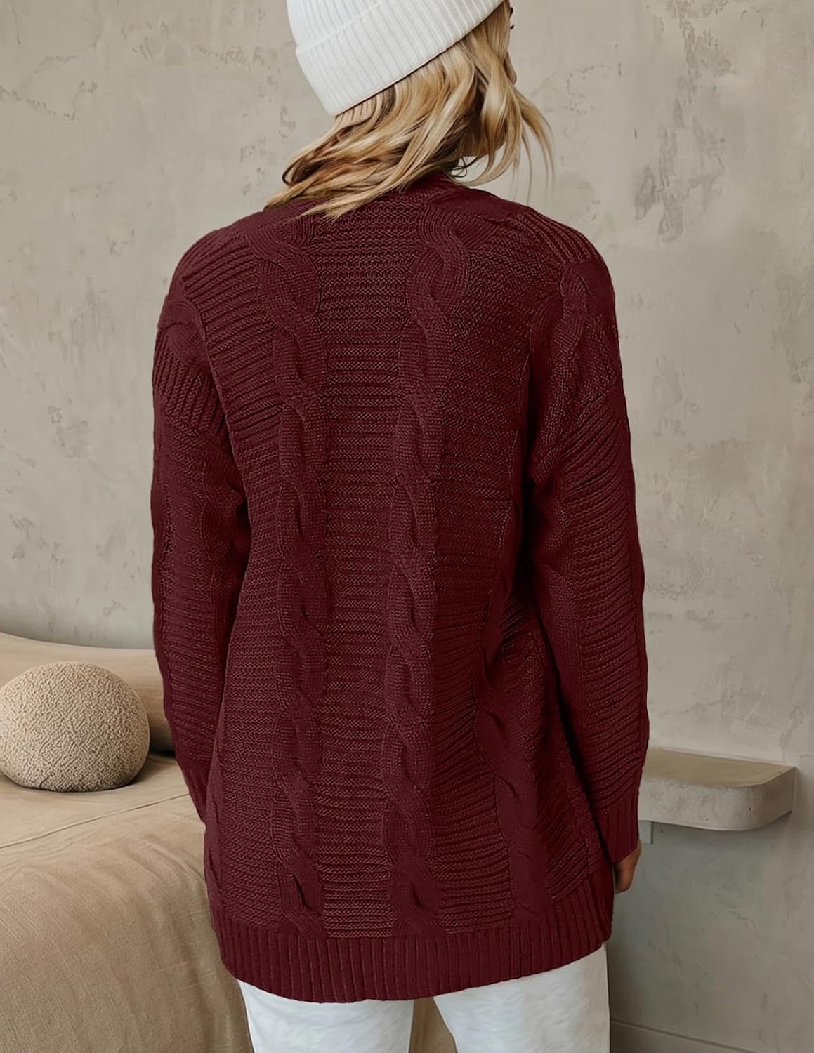 image:imageMEROKEETY Womens Cable Knit Open Front Cardigan Sweaters Fall OuterwearWine