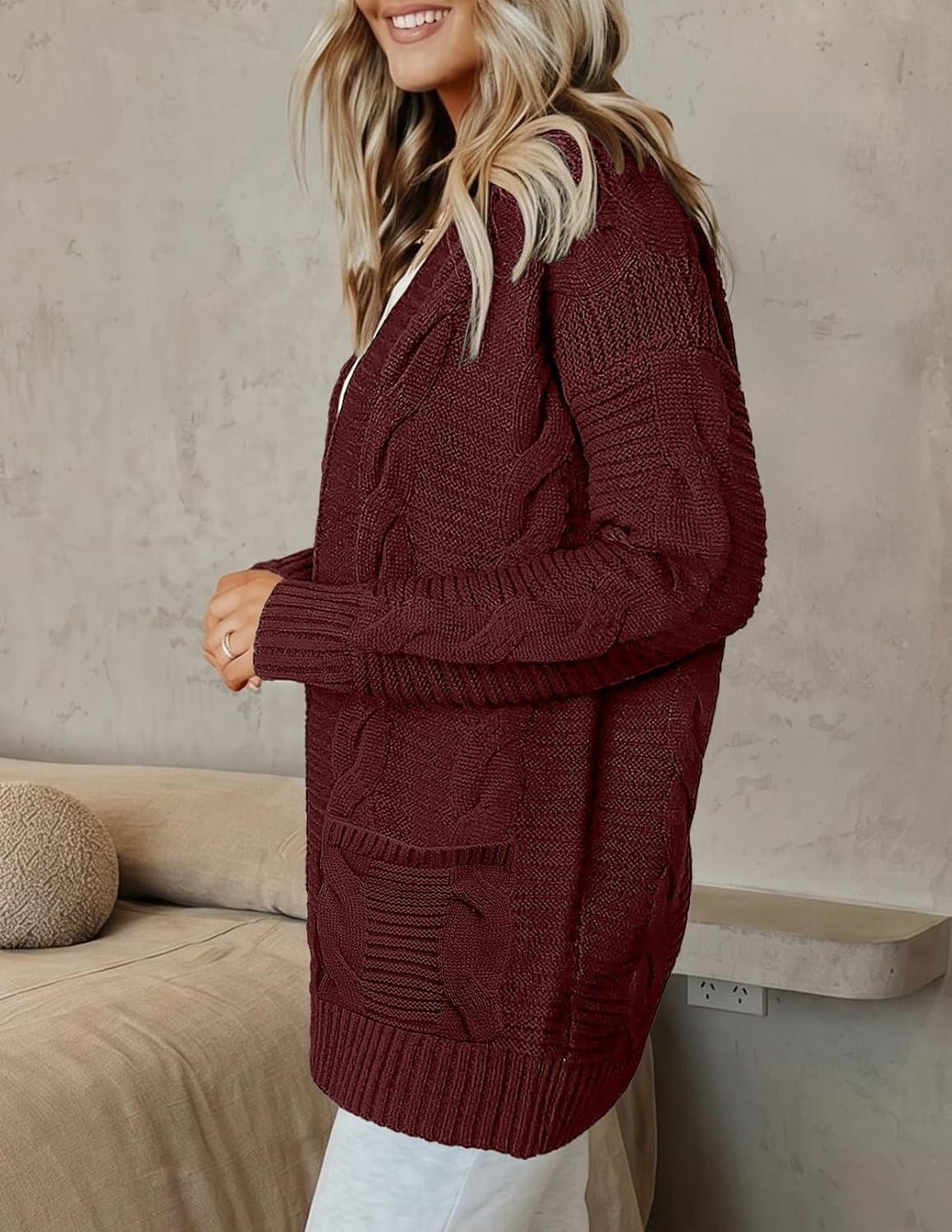 image:imageMEROKEETY Womens Cable Knit Open Front Cardigan Sweaters Fall OuterwearWine