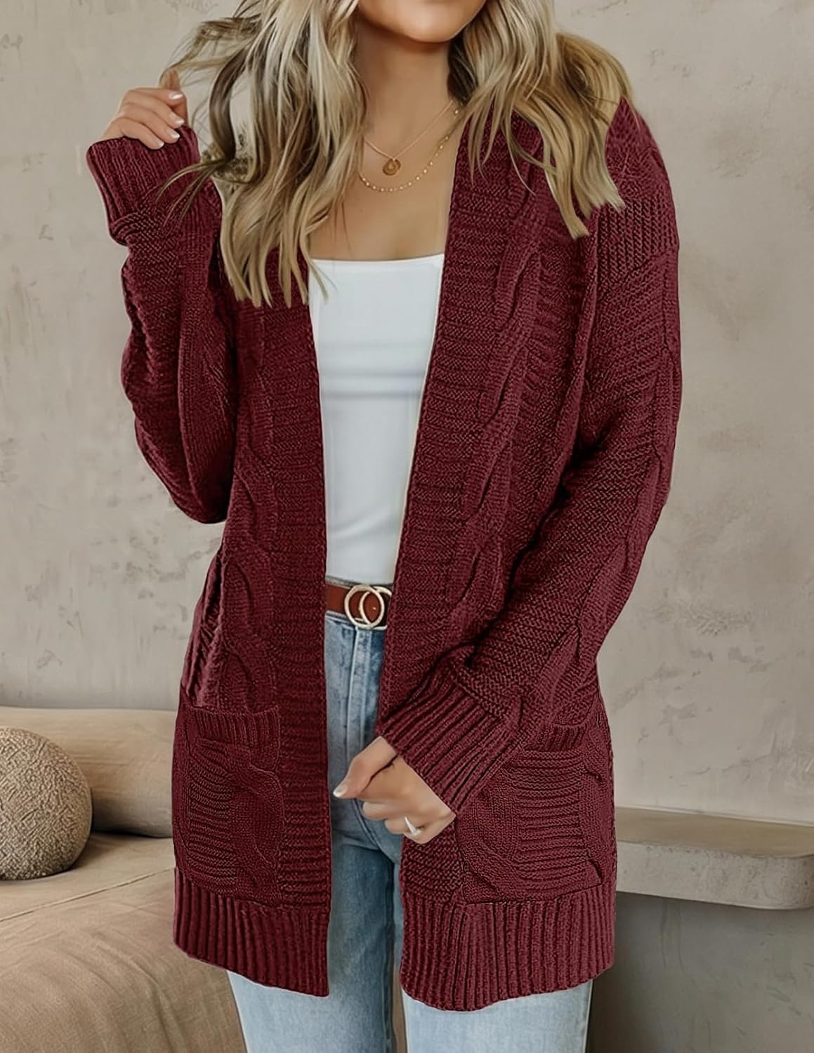 image:imageMEROKEETY Womens Cable Knit Open Front Cardigan Sweaters Fall OuterwearWine