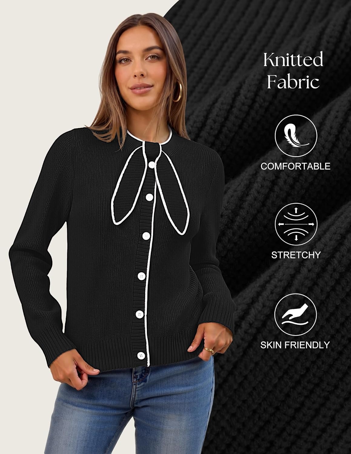 image:imageMEROKEETY Womens Fall 2026 Long Sleeve Cardigan Tie Front Knit SweatersBlack